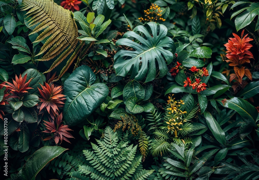 A diverse botanical background showcases an array of tropical foliage, weaving a vibrant tapestry of hues and textures reminiscent of the lush tropical environment. A diverse botanical background showcases an array of tropical foliage, weaving a vibrant tapestry of hues and textures reminiscent of the lush tropical environment.