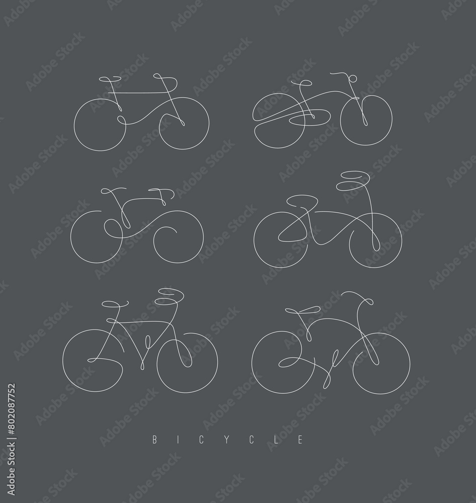 Bike icons drawing in hand drawn line art style drawing on grey background