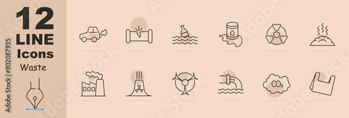 Waste set icon. Car, gas, refuse, tailings, cheeseparings, cracked pipe, bottle, water, garbage in ocean, radiation, rubbish, nuclear plant, nuclear waste, CO2, carbon gas. Refuse concept.