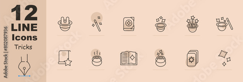 Focus set icon. Rabbit ears in hat, magic wand, grimoire, witchcraft book, sparks, stars, enchantment, spell, trick, stunt, theurgy, cards, scintilla, bottle. Magic concept.