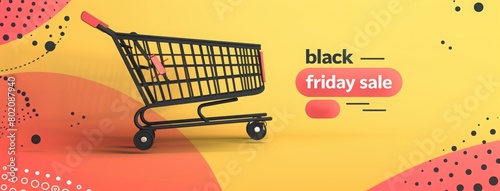 Black Friday sale banner with a shopping cart on a yellow and orange background. promotional materials or social media posts related to sales events. photo
