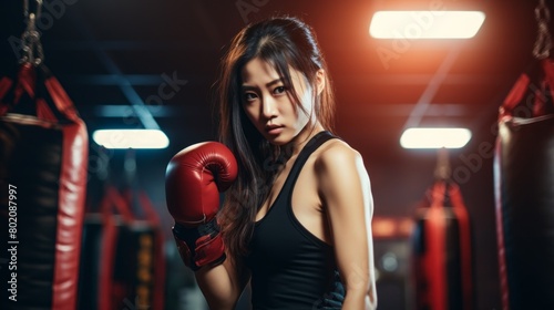 A woman wearing a red boxing glove stands in front of a punching bag photo
