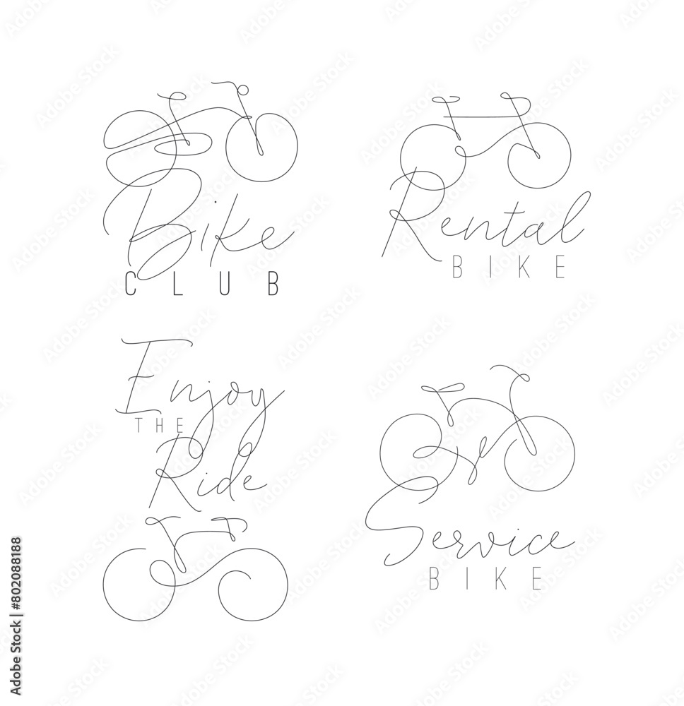Bike icon labels with lettering drawing in hand drawn line art style drawing on white background