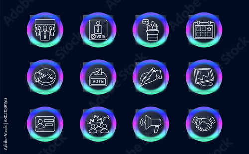 Elections set icon. Vote, candidate, speech, calendar, voting, percentage, diagram, statistics, pencil, hand, record, handshake, loudspeaker, glassmorphism, passport. Electoral campaign concept.