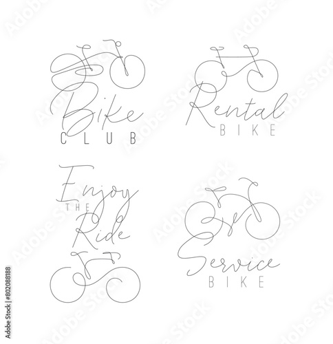 Bike icon labels with lettering drawing in hand drawn line art style drawing on white background