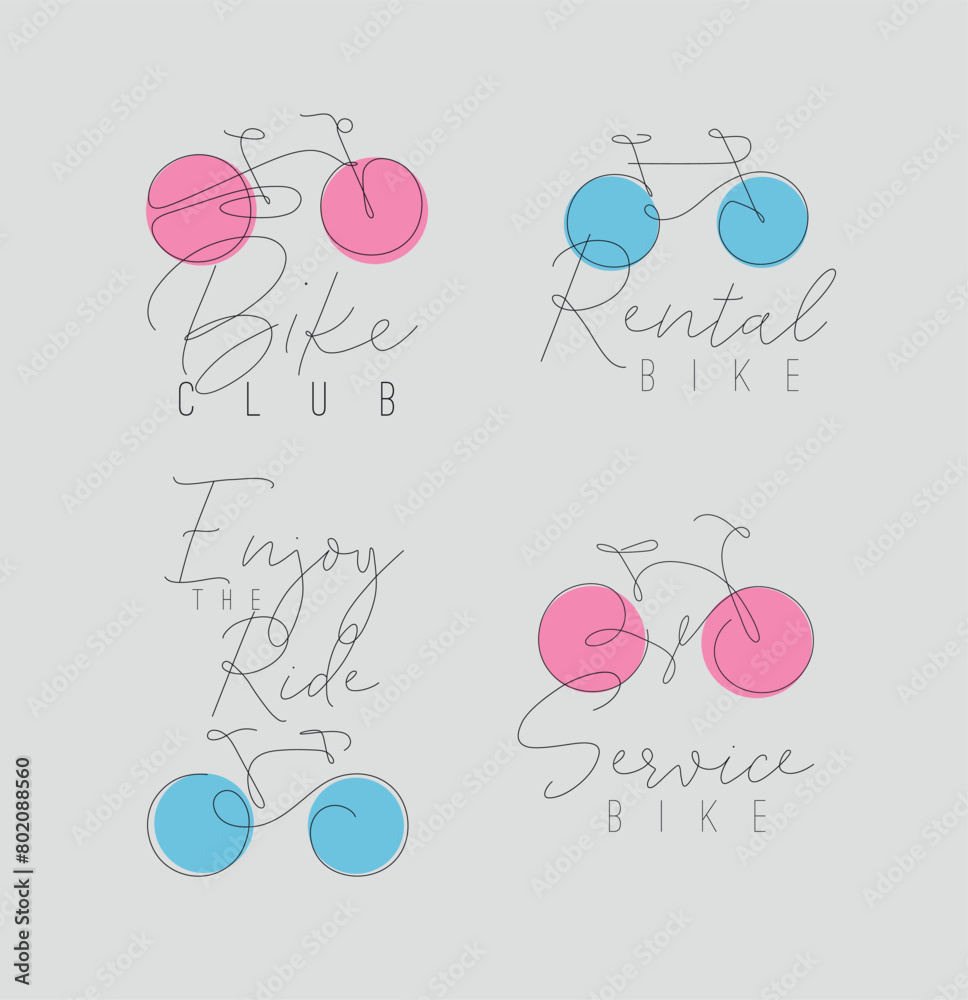 Bike icon labels with lettering drawing with color elements on beige background