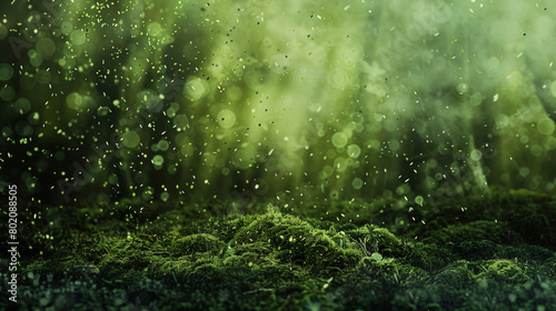 Moss-covered forest floor with earthy green particles swirling against a blurred canvas, capturing the mystical beauty and quiet serenity of the woodland undergrowth.