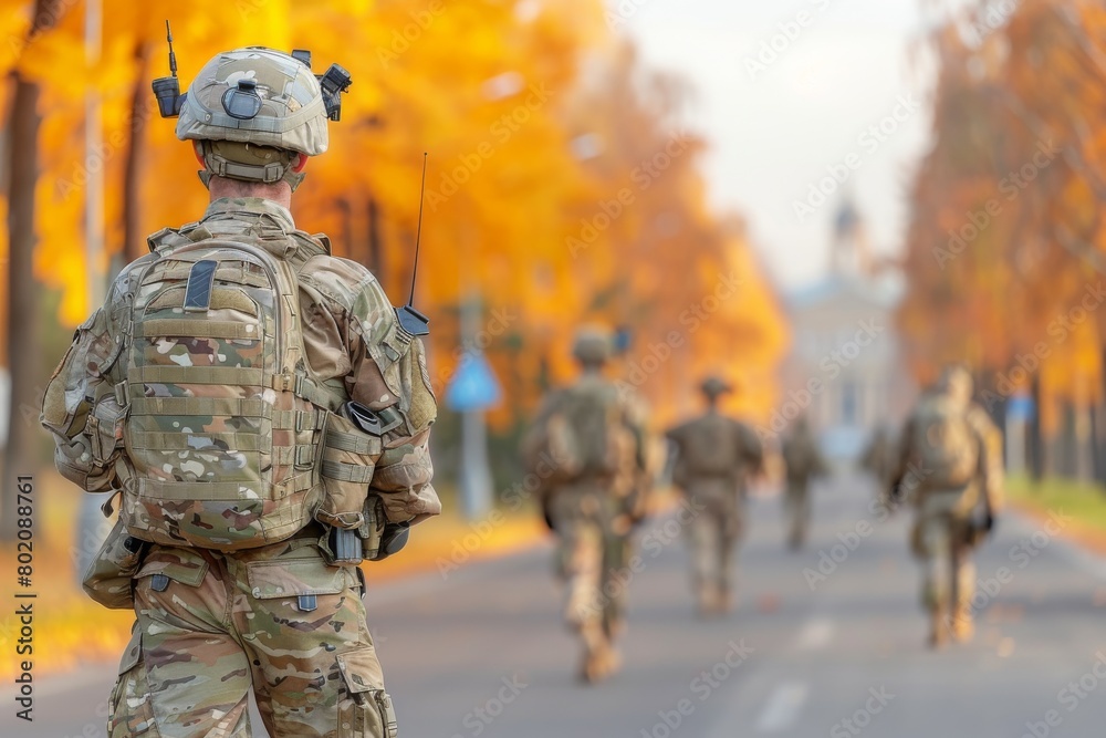 Group of Soldiers Walking Down a Street Group of Soldiers Walking Down a Street