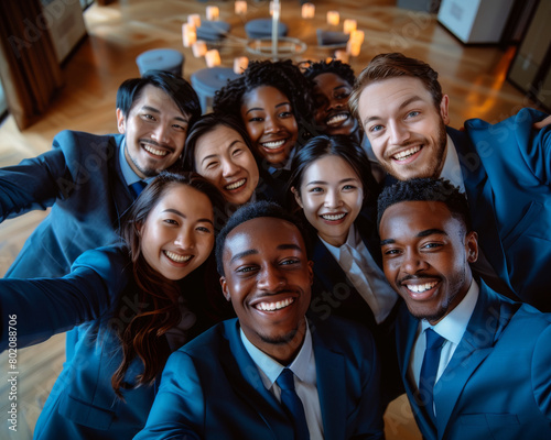 Professional photo studio selfie with good soft lighting of a very happy small group of business people with different ethnicity