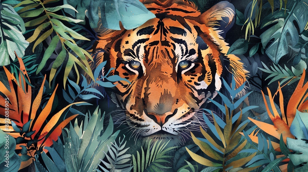 Watercolor Capture the intense gaze of a tiger as it peers out from behind vibrant foliage