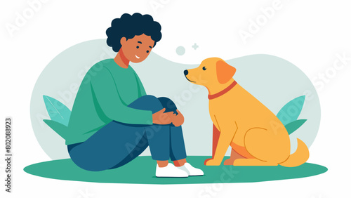 A person sitting in a therapy session their service dog curled up next to them offering grounding and support during a difficult conversation.. Vector illustration