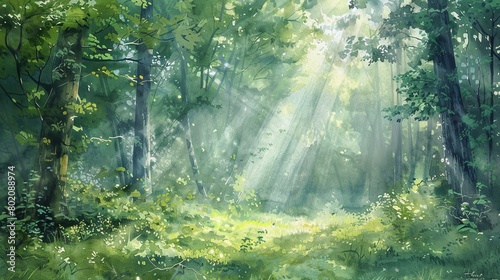 Watercolor Paint a scene of a sun dappled forest clearing  with shafts of light filtering through the canopy above
