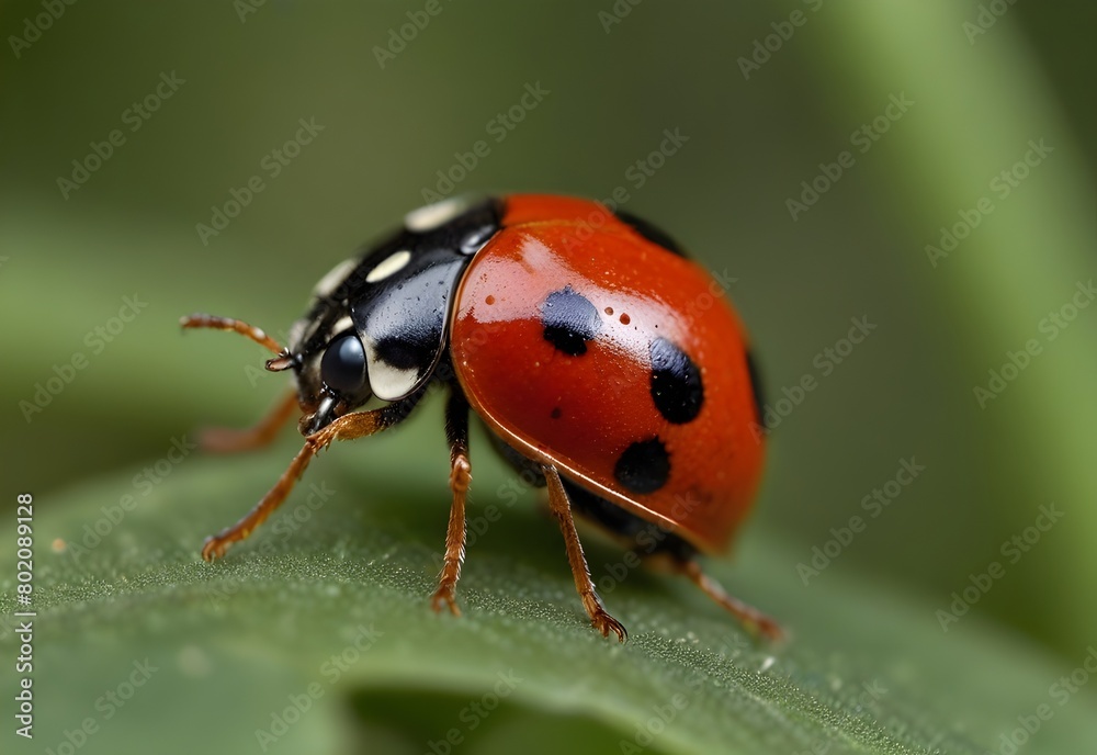 A ladybug crawls on a stem, its red shell glistening, generative AI A ladybug crawls on a stem, its red shell glistening, generative AI