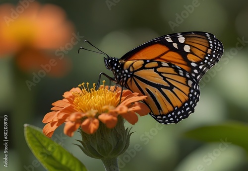 A monarch butterfly rests on a flower, displaying intricate orange and black patterns, generative AI © Zohaib