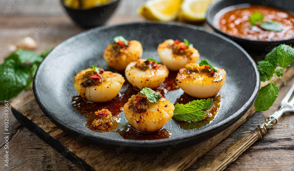 Tawa Scallops pan seared king scallops marinated with tamarind chutney and secret spice mix served along with roasted local pineapple relish
