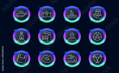Waste set icon. Car, gas, refuse, tailings, cheeseparings, cracked pipe, bottle, water, garbage in ocean, radiation, rubbish, nuclear plant, nuclear waste, CO2, glassmorphism. Refuse concept.