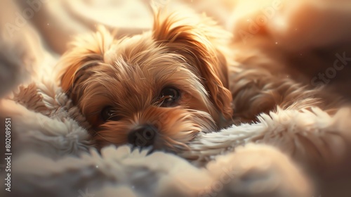 Illustrate the serenity of a puppy under a blanket of warm sunshine, focusing on the twinkling highlights in its eyes and the gentle breeze tousling its fluffy coat photo