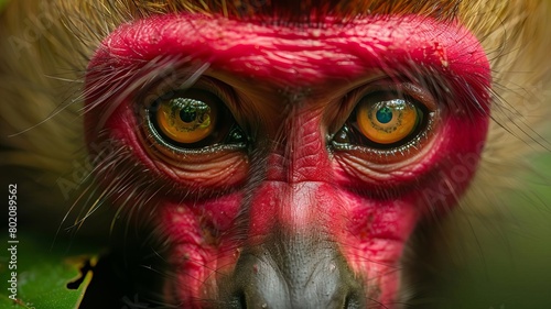 Uakari monkey with its bright red face and expressive eyes, set against the dense greenery of the Amazon, perfect for a primate conservation story photo