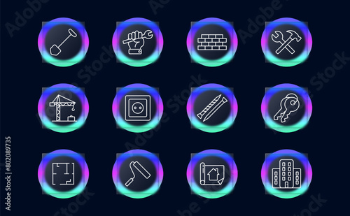 Construction set icon. Shovel, hand, wall, brick, hammer, cross, bunch of keys, nail, screw, crane, houses, construction plan, roller, painting, apartment layout, glassmorphism. Building concept.