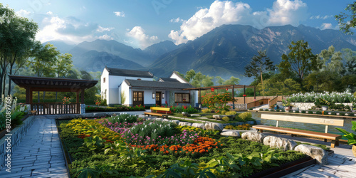 A rendering of the exterior design, modern style Chinese farmhouse with garden landscape and flower bed in front yard, mountain background, blue sky, green plants and trees around house