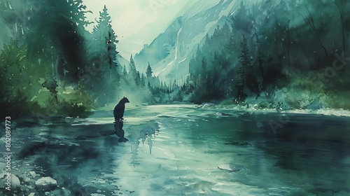 Watercolor Paint a tranquil scene of a bear fishing in a clear mountain stream photo