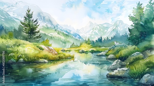 Watercolor Paint a tranquil scene of a bear fishing in a clear mountain stream