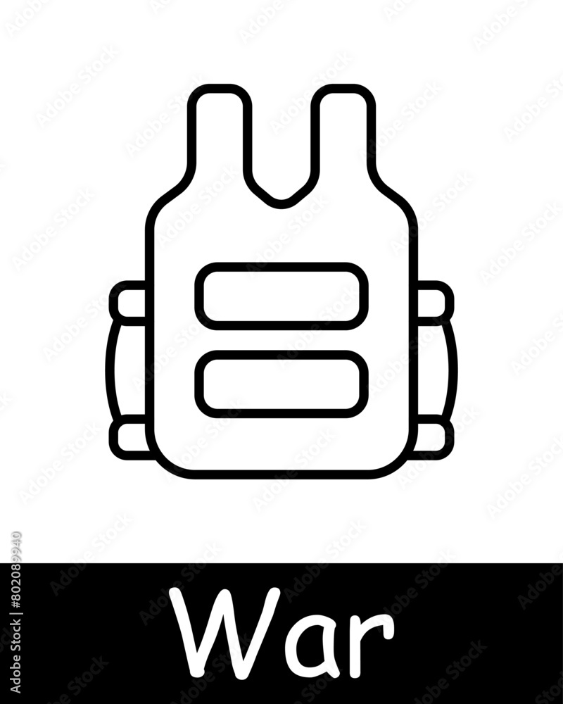 Obraz premium War set icon. Body armor, protection, arms, weaponry, weapons, gun, arsenal, military, mercenary, operative, modern warfare, black lines on a white background. Weapon concept.