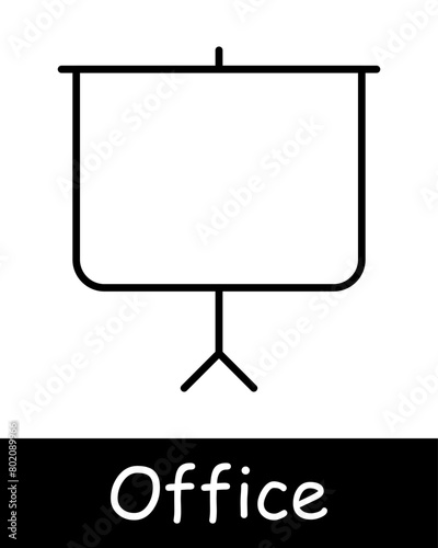 Office set icon. Modern technology, computer, laptop, presentation, projector, public speaking, report, black lines on a white background. Office work concept.