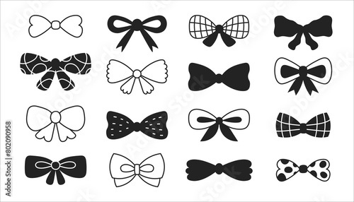 Bow tie knot doodle set. Hand drawn decorative vintage black ribbons and necktie large collection for gift present celebration card hair accessory. Vector illustration