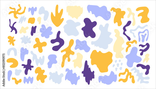 Minimal Colorful Abstract Shapes set. Hand drawn contemporary design elements. Various curvy spots blots stains. Amorphic wavy forms.