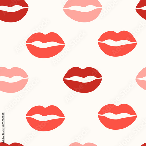 Red lipstick lip prints seamless pattern. Coquette female texture with kiss. Beauty fashion background for women. Repeat vector illustration