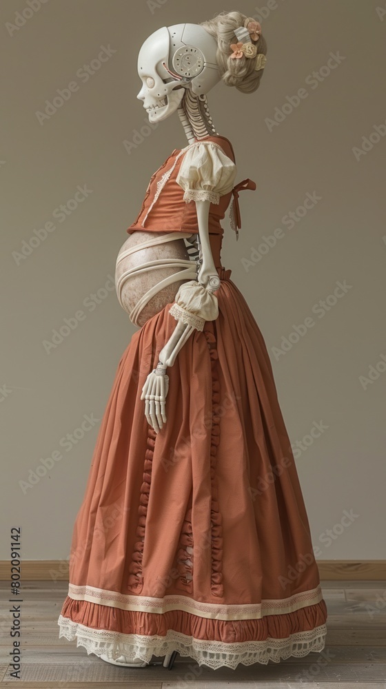 A sculpture of a pregnant skeleton wearing an orange dress with lace and a white collar.