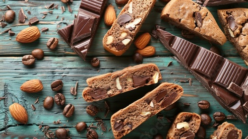 Composition with tasty biscotti cookies, chocolate, almonds and coffee beans on color wooden background, closeup photo