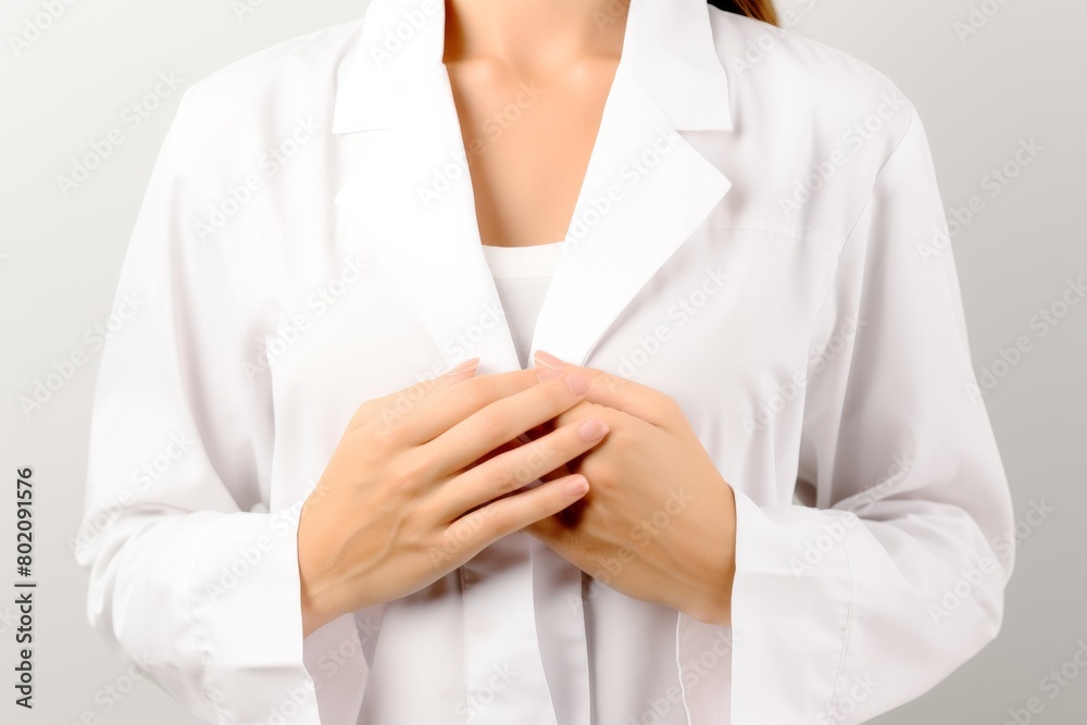 A woman in a white lab coat is wearing a white shirt with her arms crossed A woman in a white lab coat is wearing a white shirt with her arms crossed