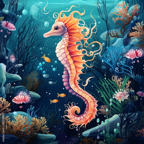Underwater scene with seahorses and bubbles, vibrant repeating pattern, ideal for highres printing on various surfaces ,  high resolution © Amina
