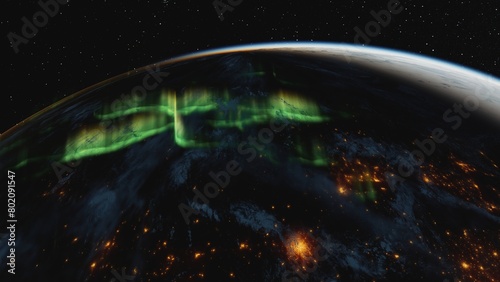 3D render of Earth at night with aurora borealis and city lights from space