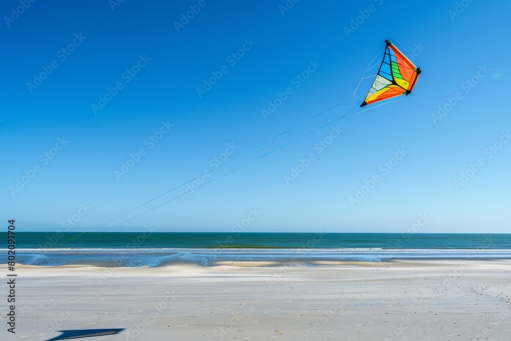 A colorful kite soaring high in the clear blue sky, casting a playful shadow on the beach below A colorful kite soaring high in the clear blue sky, casting a playful shadow on the beach below