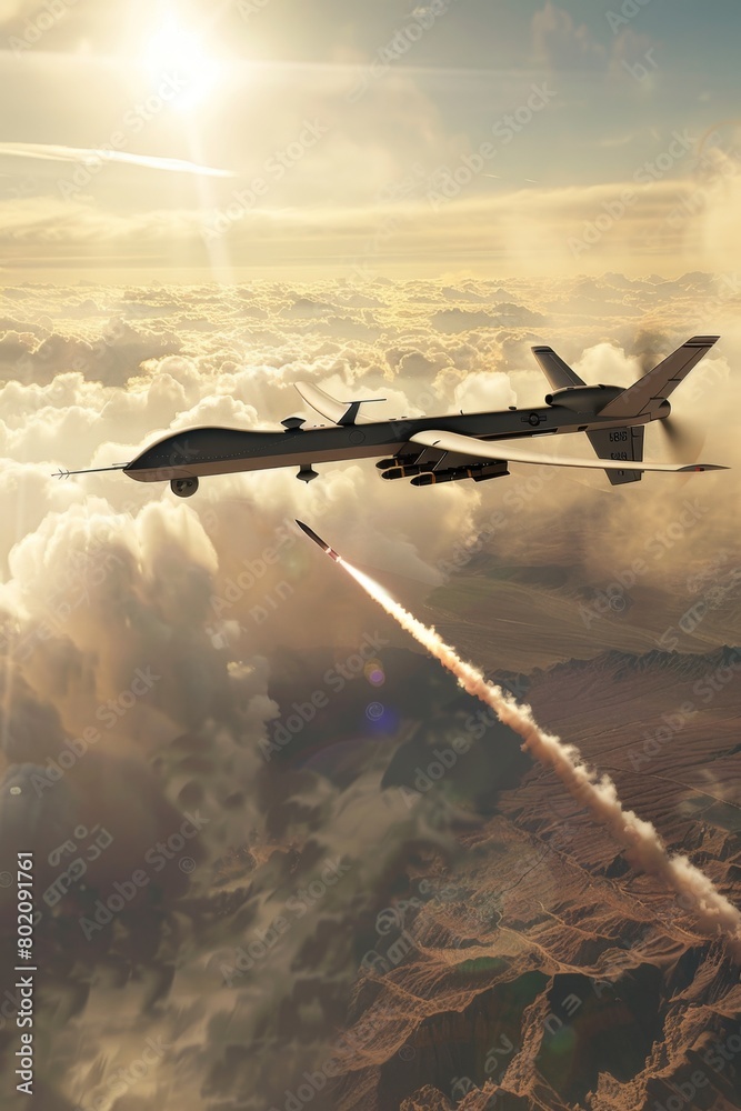 Naklejka premium A combat drone firing a missile a plume of smoke trailing as it streaks towards a ground target
