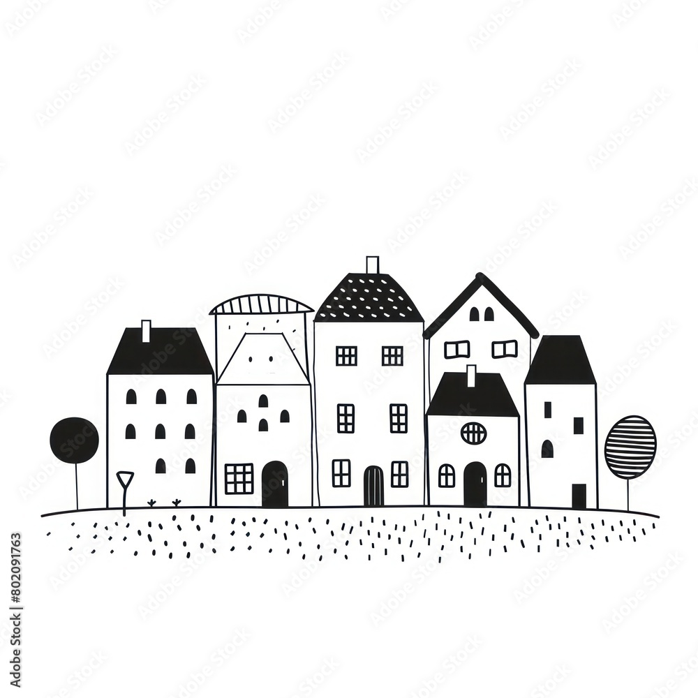 Black and white drawing of a row of houses on a hill on a white background.