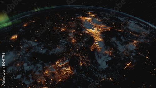 The change of day and night on planet earth a view from space. 3D render of Earth with a detailed night view showing city lights and shooting stars. The development of civilization