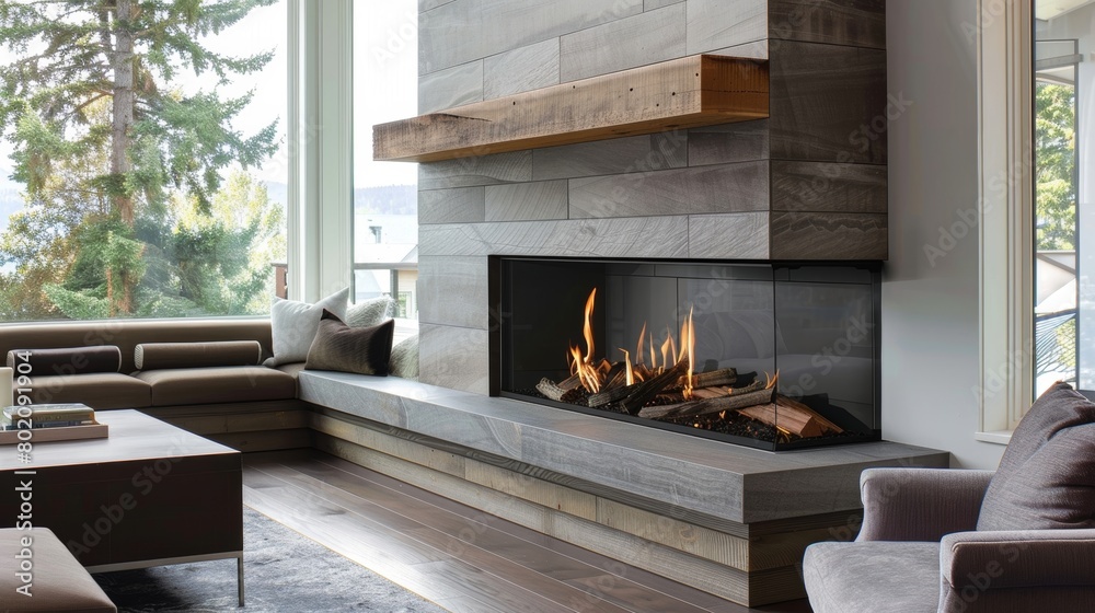 Obraz premium The unique mantel design features clean lines and geometric shapes adding to the overall modern feel of the fireplace. 2d flat cartoon.