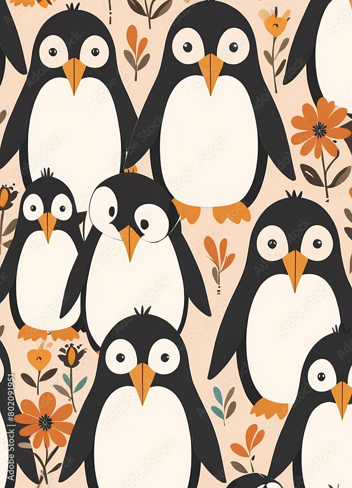 Fototapeta premium Floral Cute Baby Penguin Nursery Generative AI Illustration 