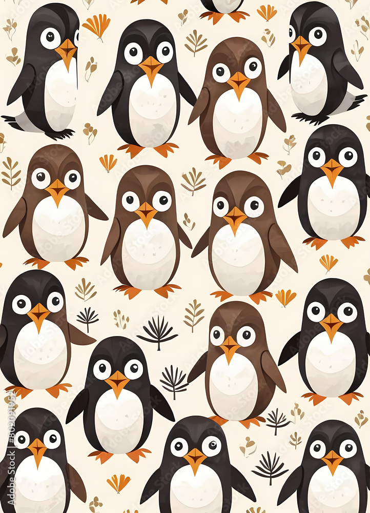 Obraz premium Floral Cute Baby Penguin Nursery Generative AI Illustration 