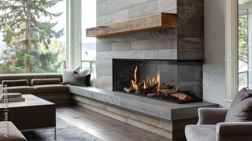 The unique mantel design features clean lines and geometric shapes adding to the overall modern feel of the fireplace. 2d flat cartoon. photo
