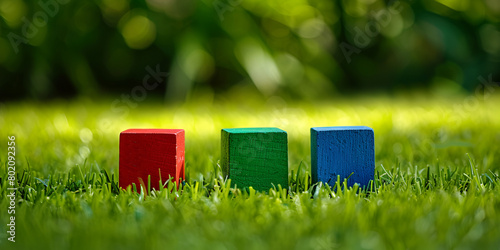 3 Small wooden colored cubes queue up in grass