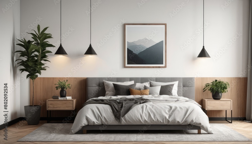 The interior of a modern bedroom, decorated with soft shades and luxurious textures. The interior of a modern bedroom, decorated with soft shades and luxurious textures.
