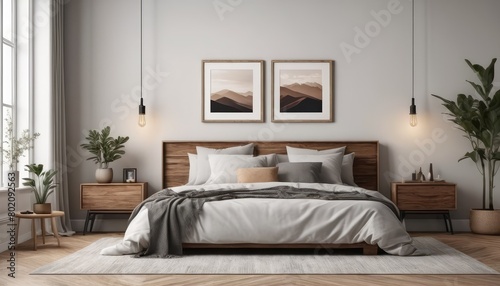 The interior of a modern bedroom  decorated with soft shades and luxurious textures.