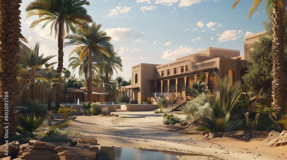 Desert oasis hotel with traditional architecture.