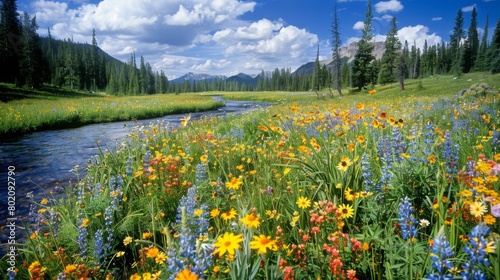 A field of vibrant wildflowers stretching to the horizon, a winding river cutting through, panoramic photo