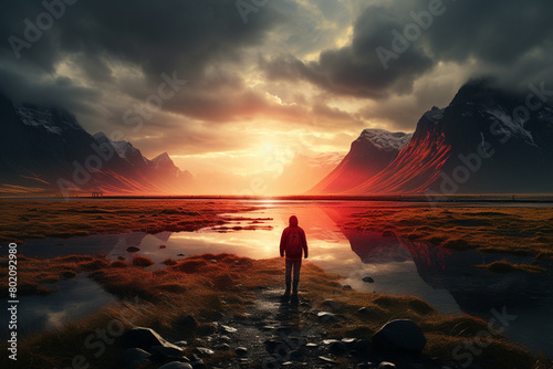 A person stands gazing at the sunset between mountains by a coastal landscape photo